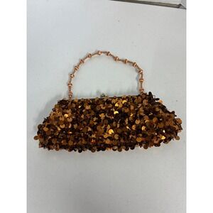 Vintage Copper Sequin Evening Clutch Bag Beaded Handle Bronze Kiss Lock Bag